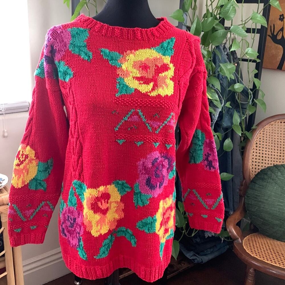 Vintage 80s/90s Picone Sport Red Floral Hand Knit Boho Garden Cottage Sweater